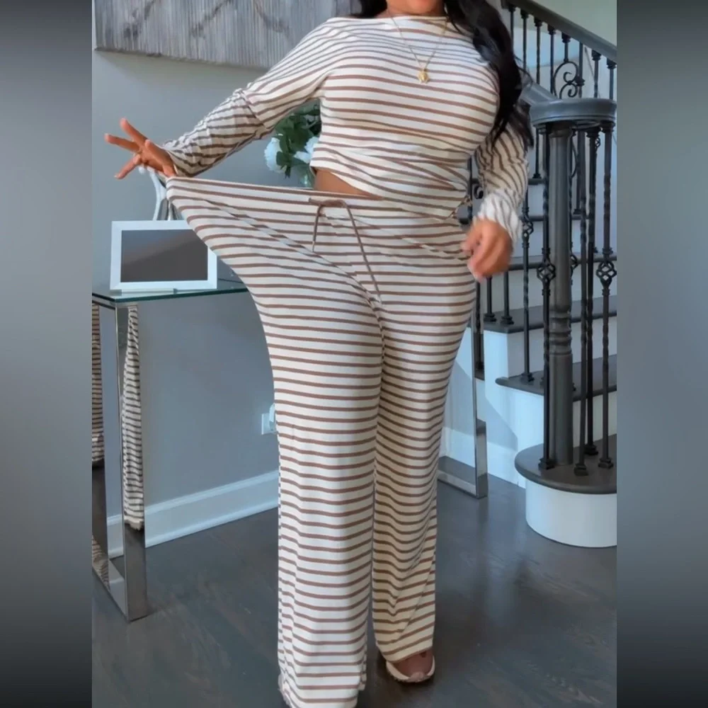 Striped Two-Piece Loungewear Set in Cream and Brown - Picture 2 of 9